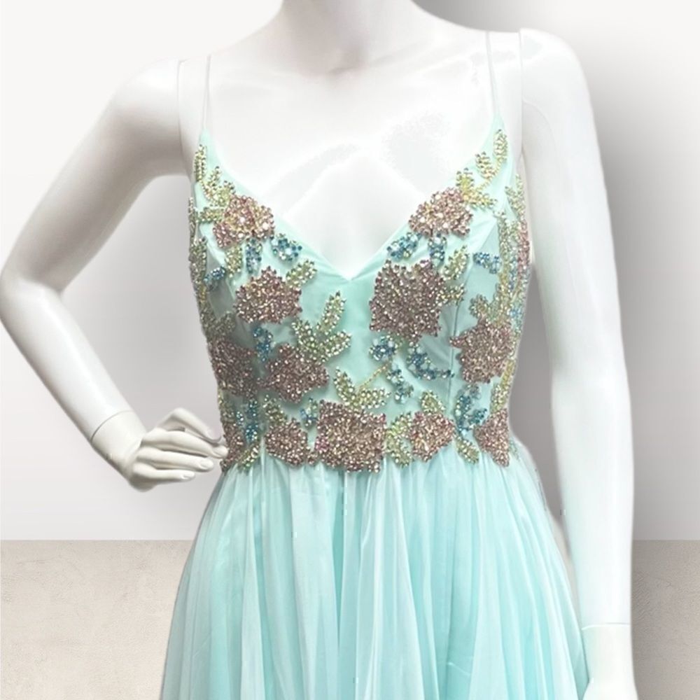 Mac Duggal Light Blue Embellished Tulle Evening Gown Lace Up Back Slit Dress - Picture 3 of 8